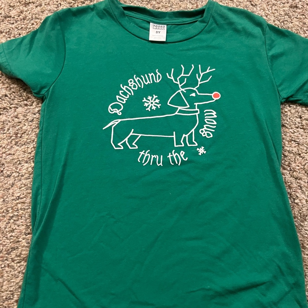 Green Kids Tee with Reindeer Dachshund Design